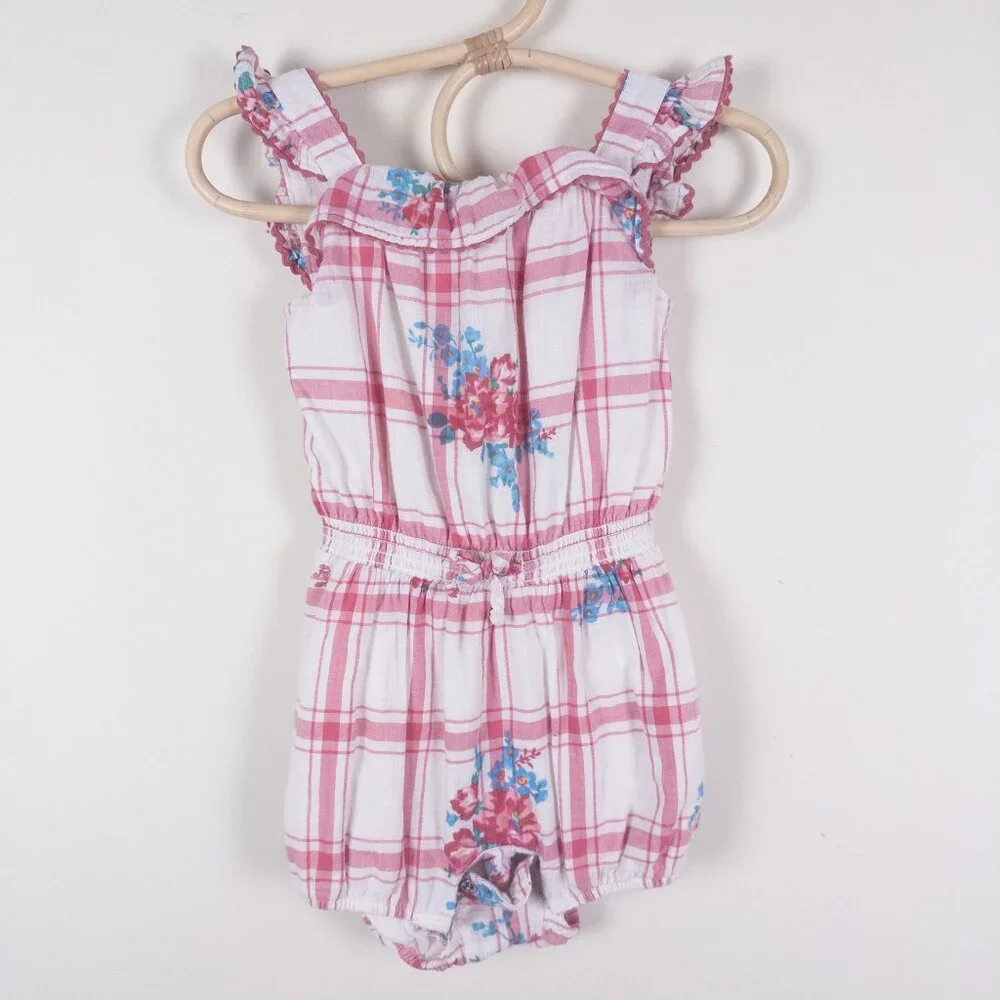 Ralph Lauren Cotton Plaid Floral One-Piece Dobby Romper Red White Baby‎ Sz 6m